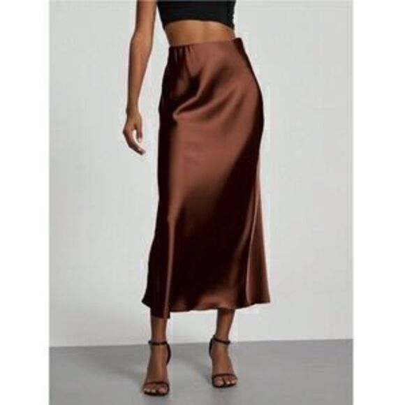 Dresses & Skirts - Brown Satin A-Line Skirt High Waisted Long